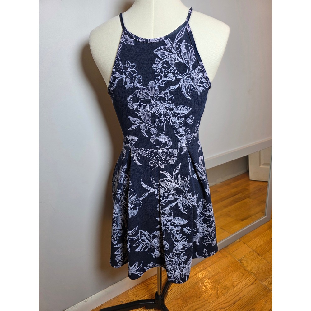 Soprano Navy Blue Floral Halter Skater Dress Boho Cottagecore Mini Size M